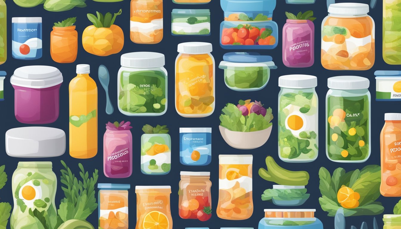 A colorful array of probiotic brands displayed on a shelf, surrounded by fresh fruits and vegetables. A vibrant, healthy lifestyle is depicted through the incorporation of probiotics into daily routines