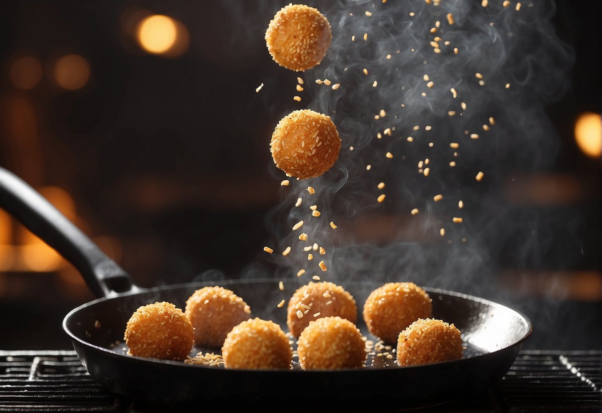 Sesame balls being fried in a sizzling hot pan, golden brown and crispy, with a sweet aroma wafting through the air