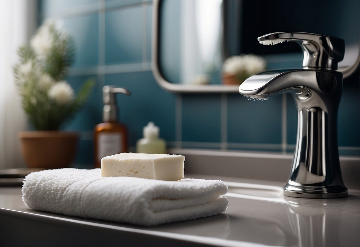 A clean, well-lit bathroom with a razor, shaving cream, and a towel. A sense of hygiene and care in the air