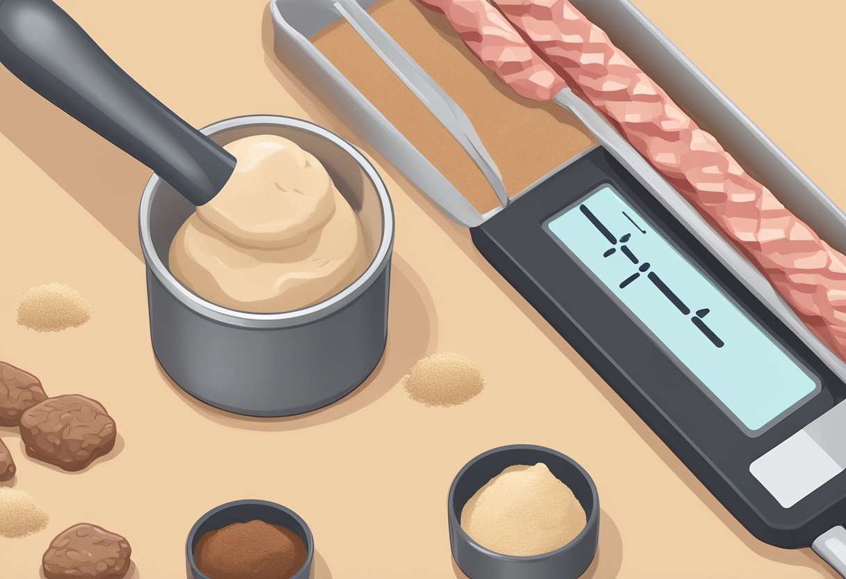 A meat stick is placed on a scale next to a protein powder scoop for comparison