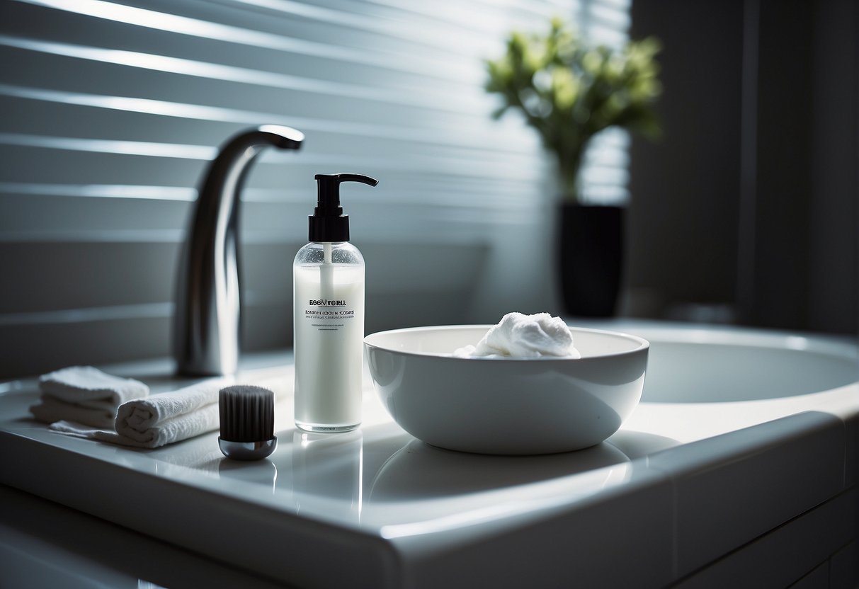 A bathroom with a razor, shaving cream, and a towel on the counter