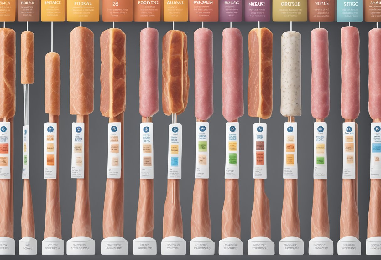 A variety of meat sticks arranged in a row, with labels indicating protein content