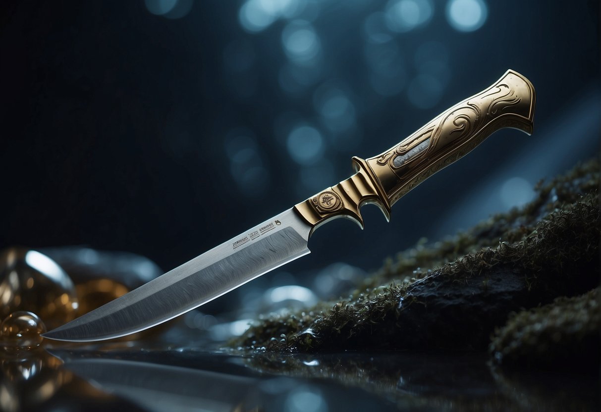 A gleaming knife floats in a surreal dreamscape, surrounded by swirling shadows and ethereal light