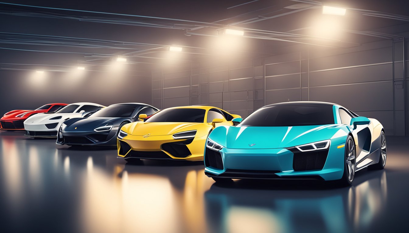 A lineup of iconic sports car models from various brands, gleaming under the bright lights of a showroom