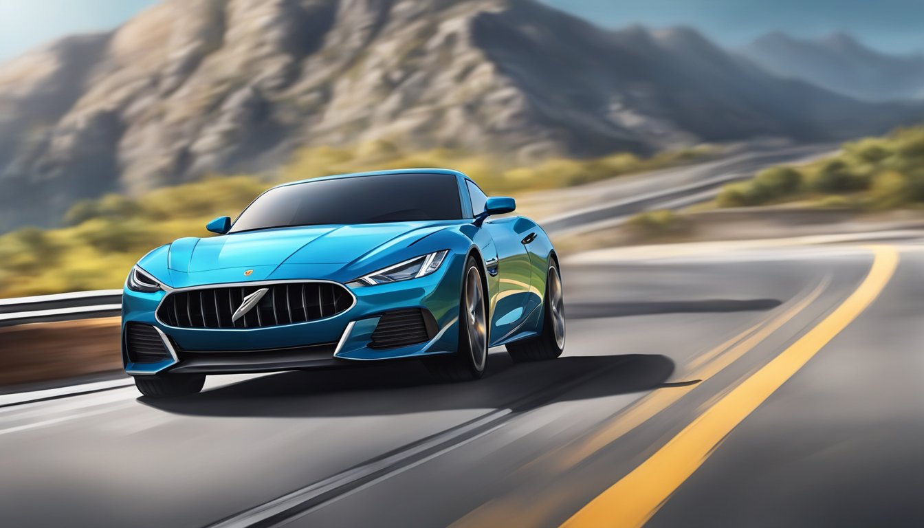 A sleek sports car zooms around a sharp curve, hugging the road with precision. The powerful engine roars as the car accelerates, showcasing its impressive performance and handling