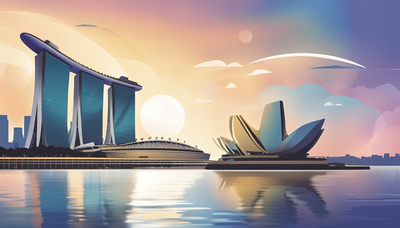A sleek, modern credit card sits against a backdrop of the Singapore skyline, with the iconic Marina Bay Sands in the distance. The card features the DBS Altitude Visa Signature logo prominently displayed