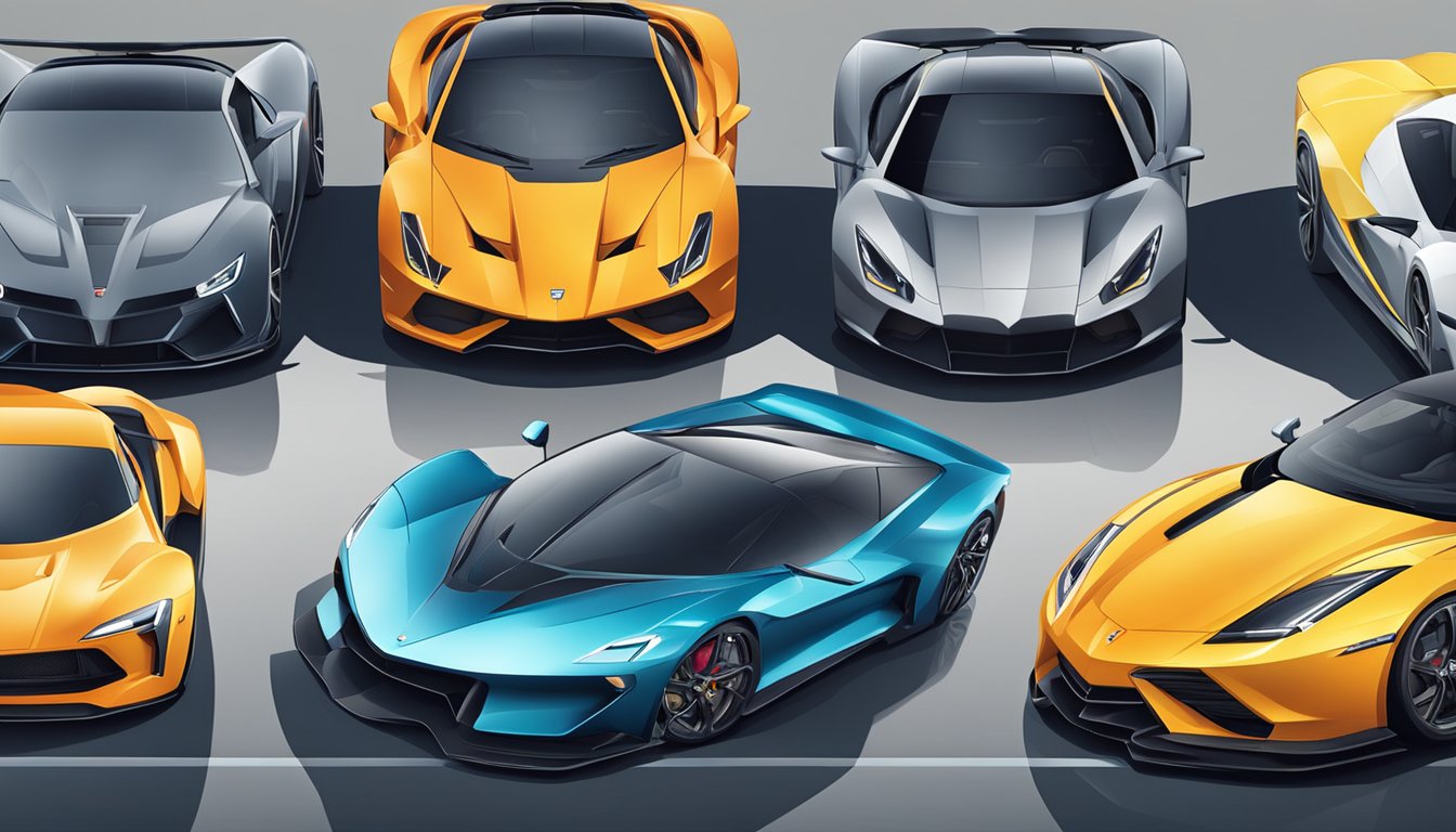 A lineup of sleek sports cars from various brands, parked in a row with their hoods open, showcasing their powerful engines