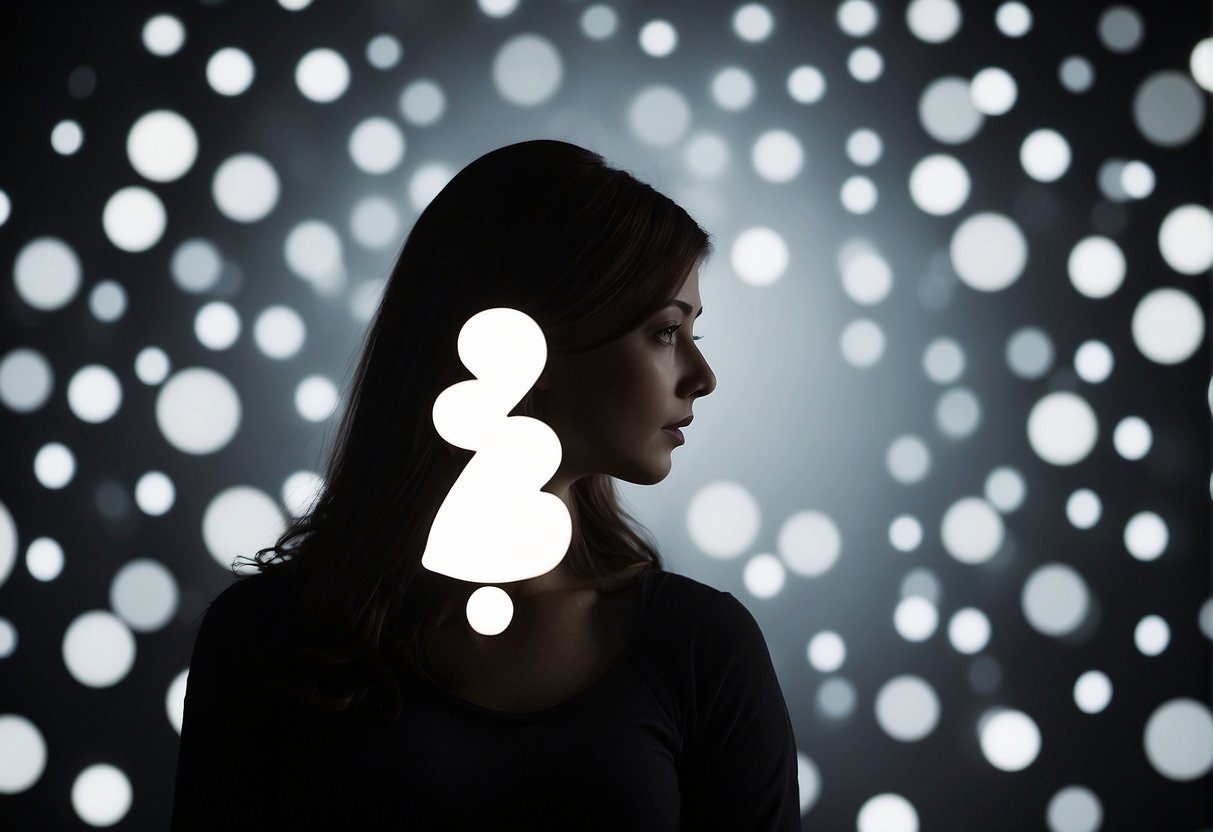 A woman's silhouette with a question mark over her pubic area