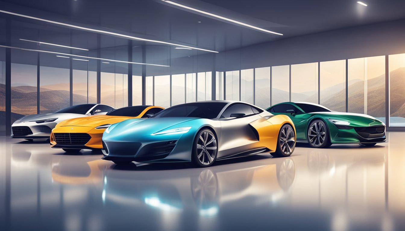 A lineup of sleek sports cars from various brands, each with unique designs and features, parked in a modern showroom with bright lighting and reflective surfaces