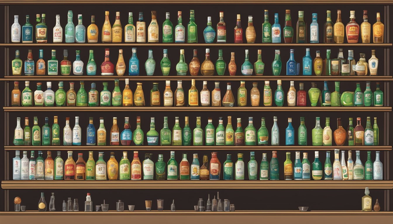 Various soju bottles arranged on a bar shelf, each with distinct labels and colors. A bartender pours a shot into a small glass
