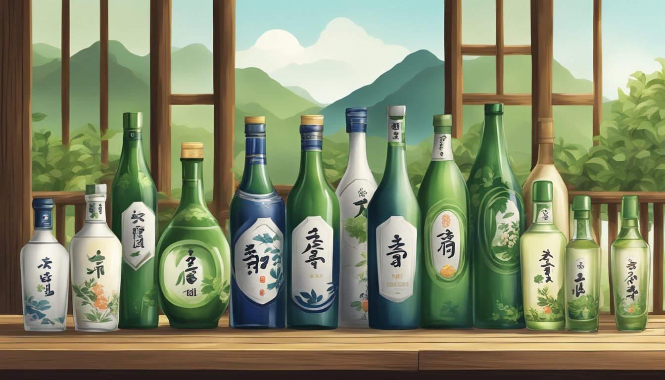 Bottles of Soju from various brands arranged on a rustic wooden table, with traditional Korean pottery and greenery in the background