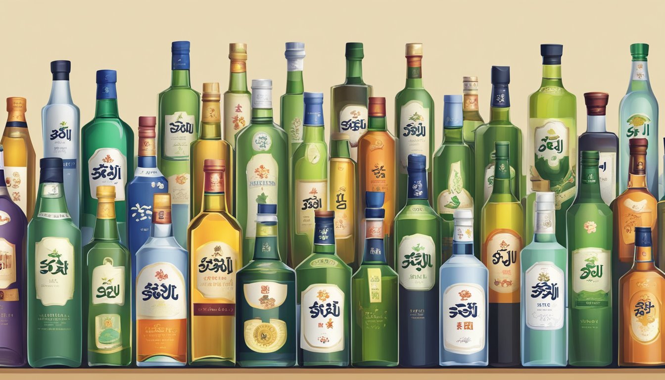 Various soju bottles arranged on a table, each labeled with different brands and flavors. A variety of colors and designs indicate the diversity of soju options available
