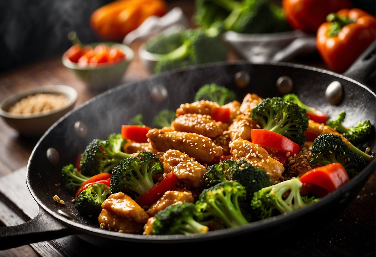 A wok sizzles with golden chunks of sesame-coated chicken, surrounded by vibrant green broccoli florets and red bell pepper slices