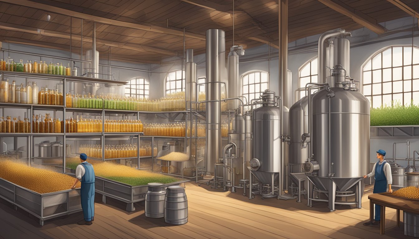 A distillery with large vats of fermenting grains, shelves lined with various ingredients, and workers bottling and labeling different soju brands