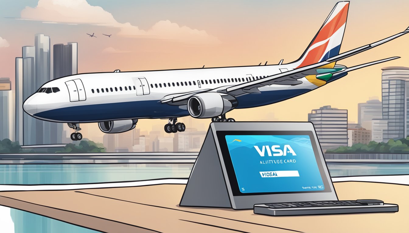 A hand swiping a DBS Altitude Visa Signature card at a travel booking kiosk, with a plane flying in the background