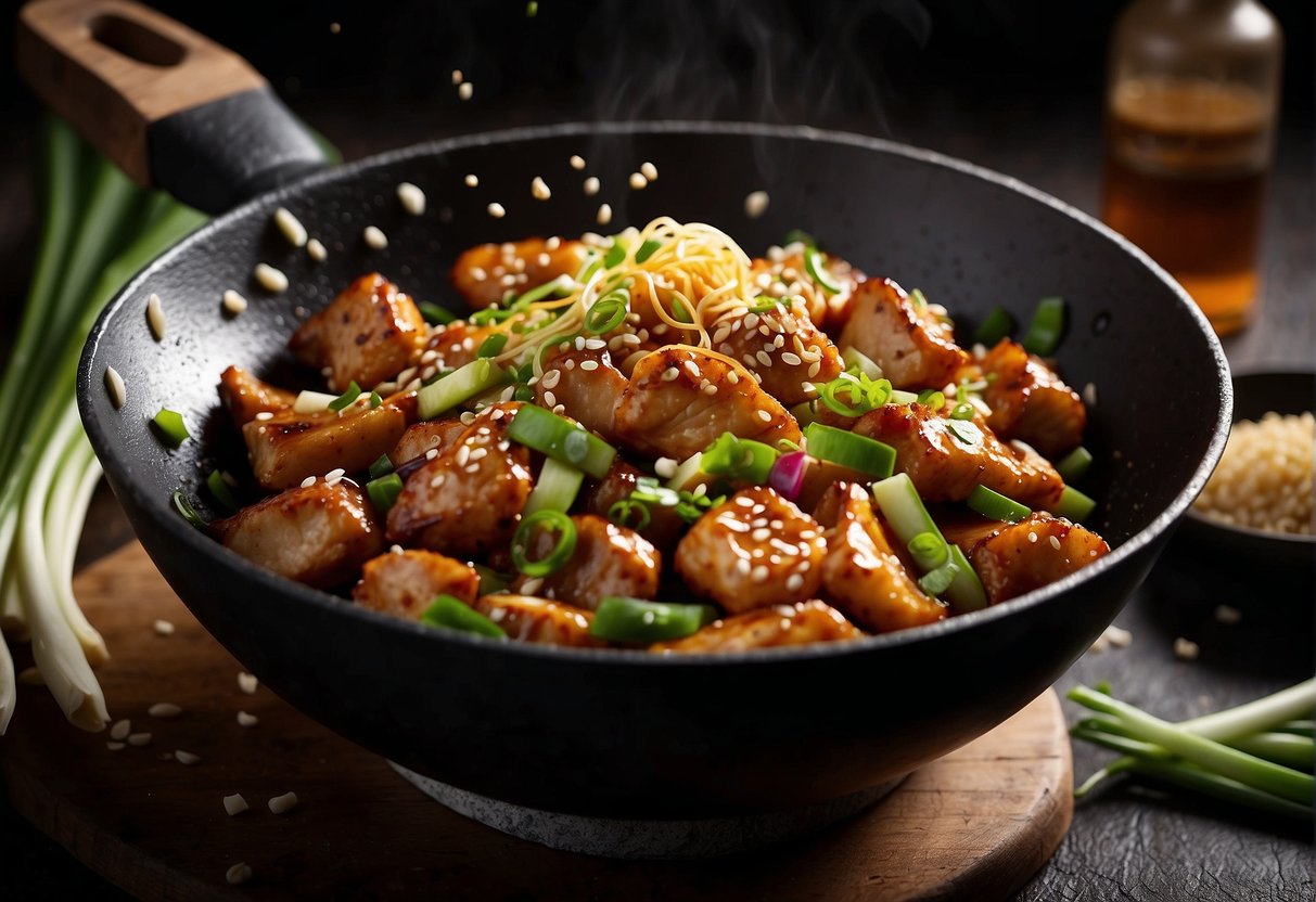 A wok sizzles as it stir-fries marinated chicken, sesame seeds, and a savory sauce, creating a glossy glaze. Green onions and sesame seeds are sprinkled on top for garnish