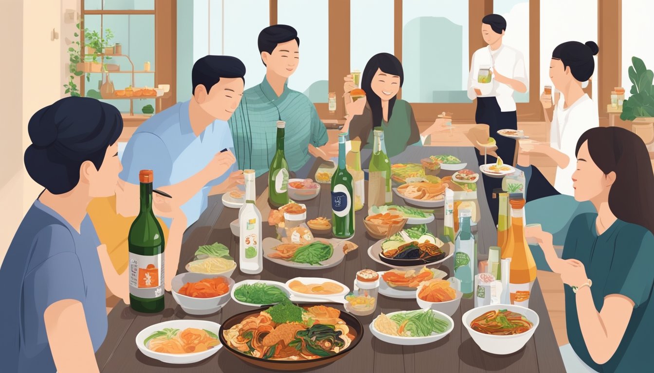 A table set with various Korean dishes and bottles of different soju brands, surrounded by people socializing and enjoying the food and drinks