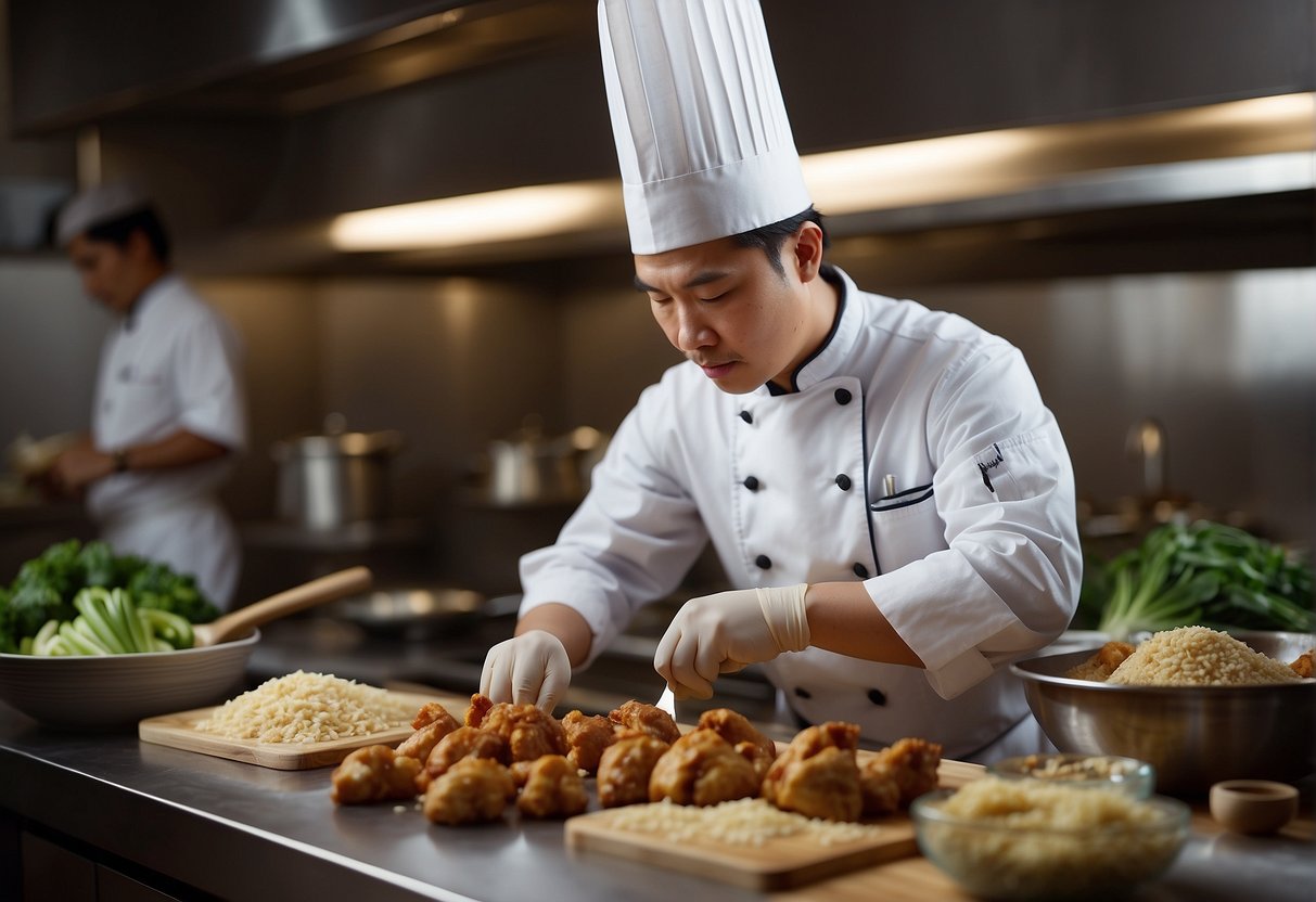 A chef gathers ingredients, cuts chicken, and mixes sauce for Chinese sesame chicken