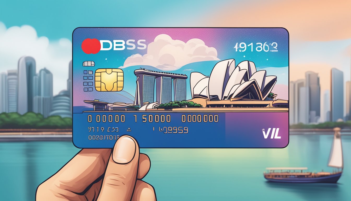 A hand holding a DBS Altitude Visa Signature card against a backdrop of iconic landmarks in Singapore