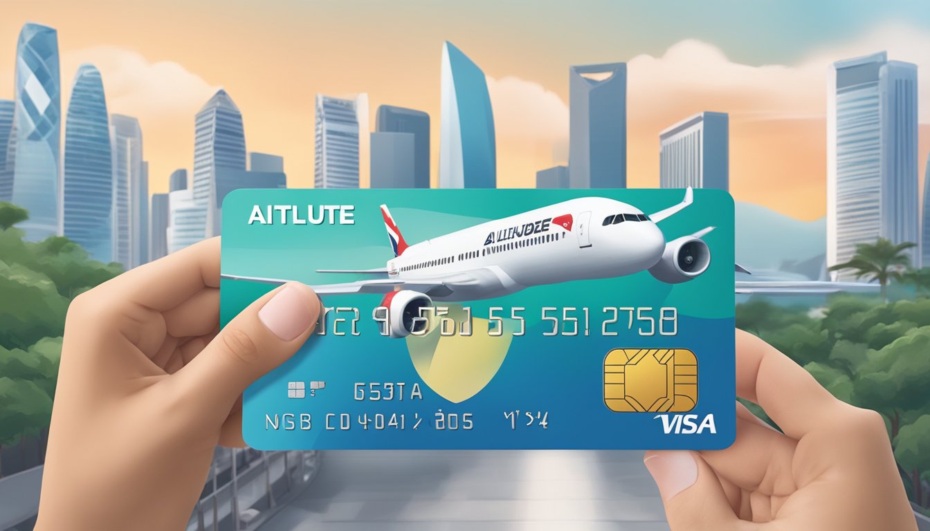 A traveler swipes a DBS Altitude Visa Signature Card in Singapore, with iconic landmarks in the background and a sense of adventure in the air