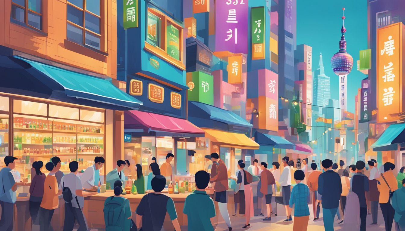 A vibrant cityscape with iconic landmarks and a diverse group of people enjoying soju in a lively atmosphere
