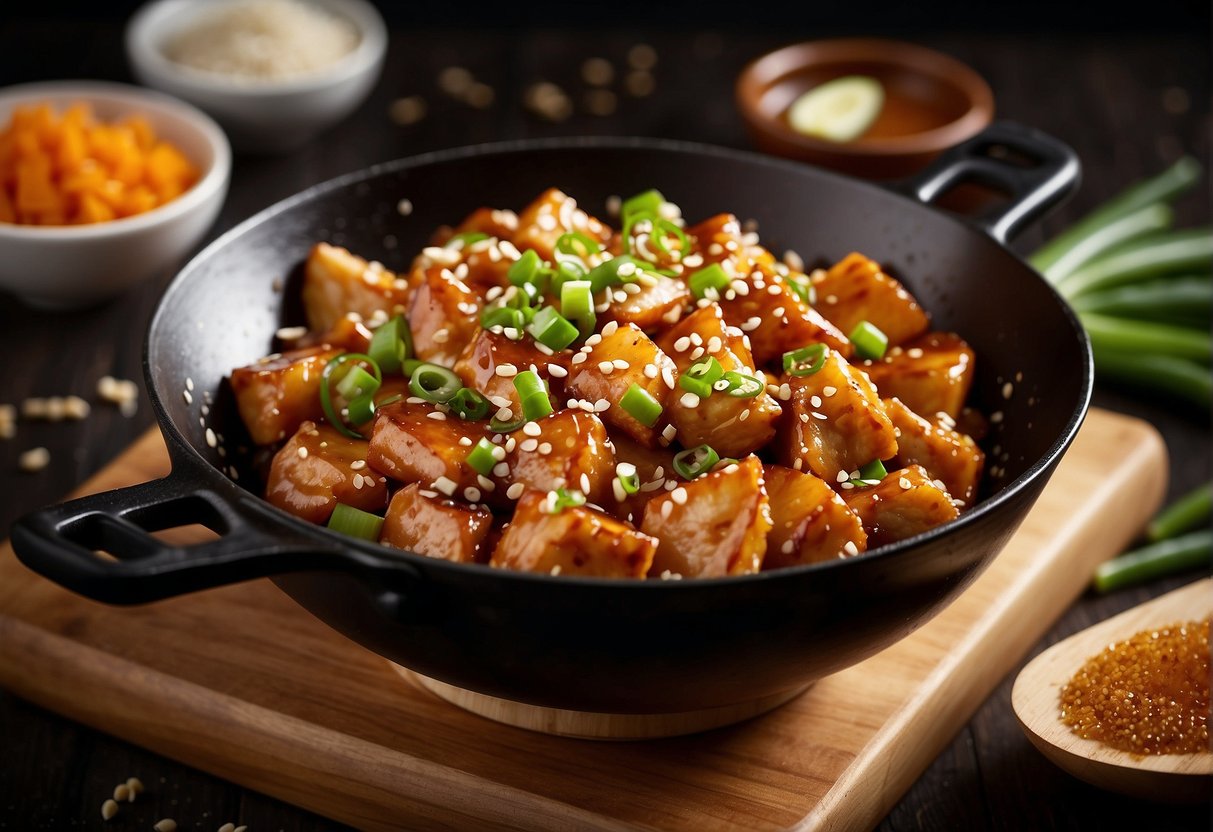 A wok sizzles with diced chicken, tossed in a glossy sauce of soy, honey, and sesame. Green onions and sesame seeds garnish