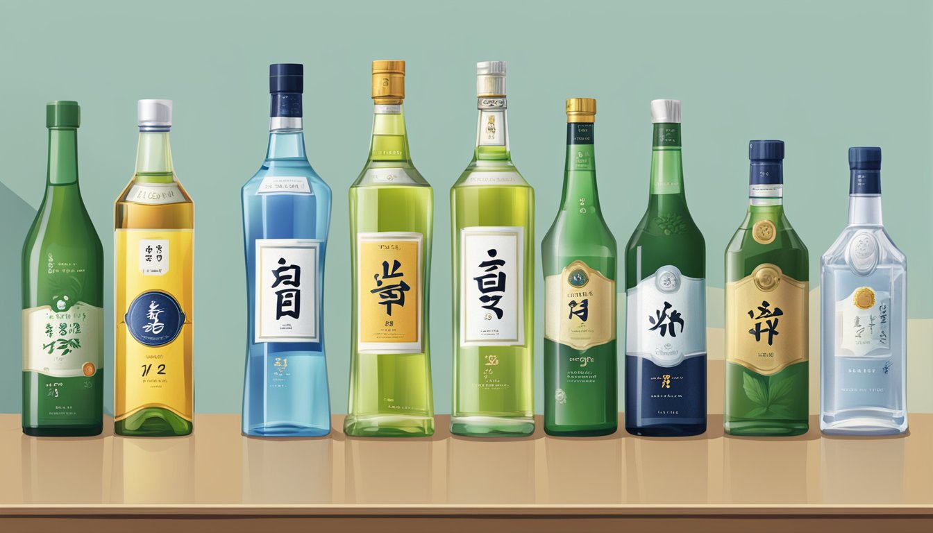 Various soju bottles arranged on a table with a list of frequently asked questions about different brands displayed next to them
