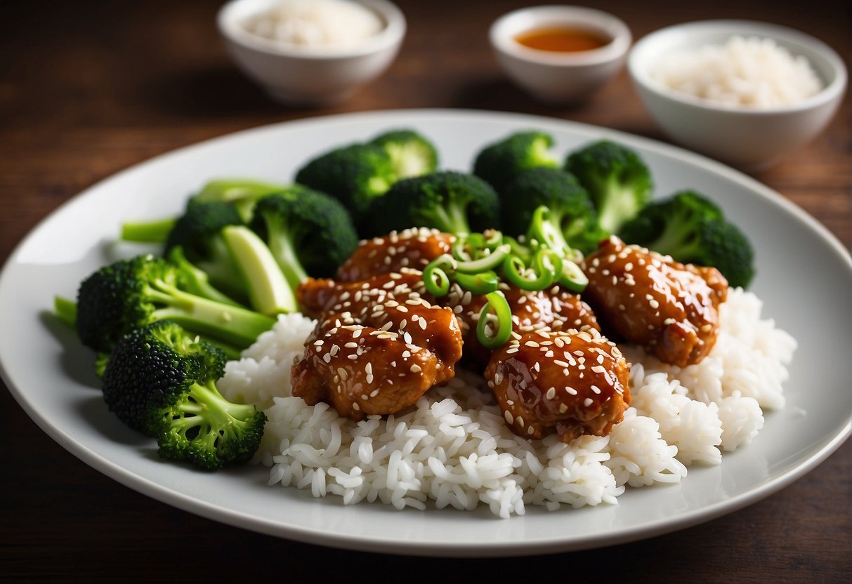 A plate of Chinese sesame chicken garnished with sesame seeds, green onions, and served with steamed white rice and broccoli on the side