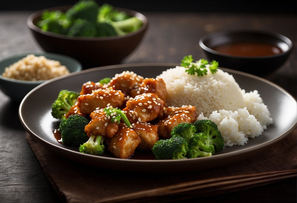 A plate of Chinese sesame chicken with a side of steamed broccoli and white rice, accompanied by a small dish of soy sauce
