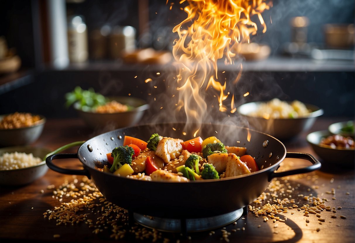 A sizzling wok tosses chunks of golden brown chicken in a glossy, fragrant sesame sauce, while a medley of colorful vegetables sizzle alongside
