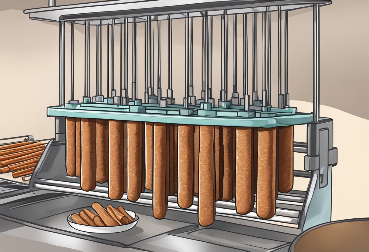 Beef sticks hanging in a dehydrator for several hours