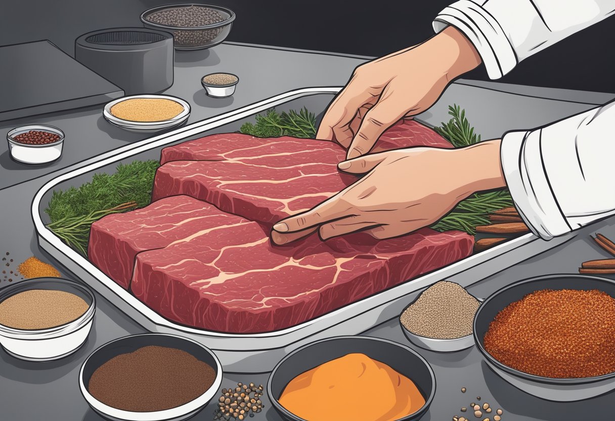 A hand reaches for a piece of raw beef, surrounded by various spices and seasonings. A dehydrator sits in the background, ready to process the beef into flavorful sticks