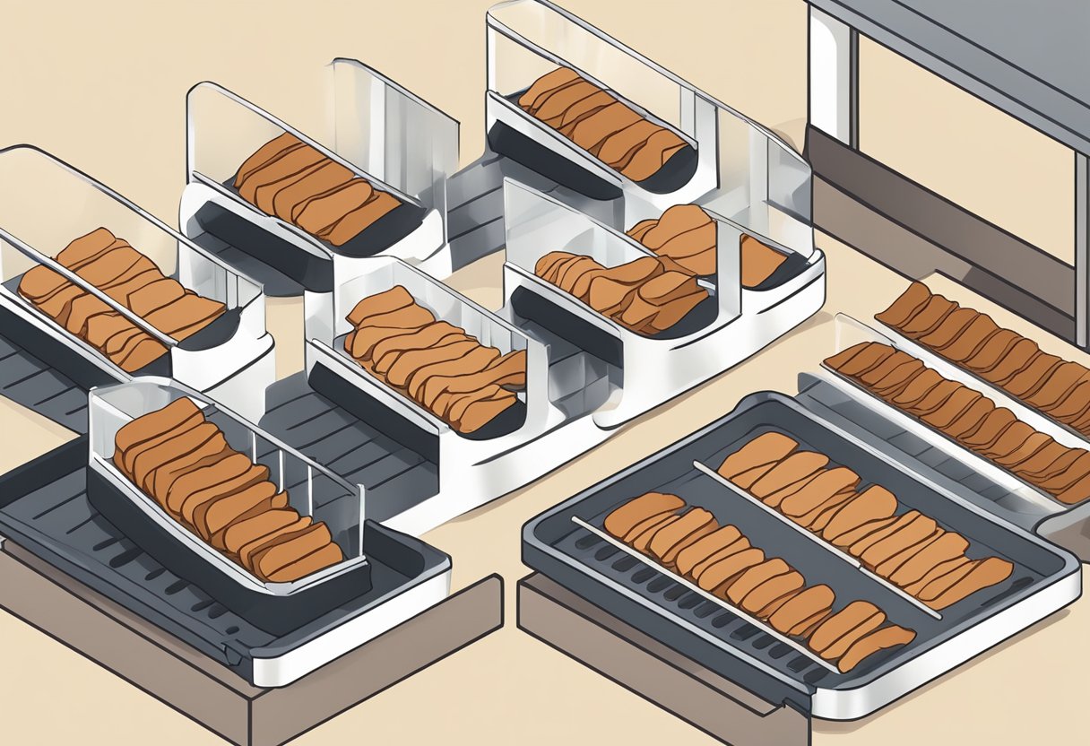 Beef sticks being sliced and laid out on dehydrator trays. Timer set for recommended drying time