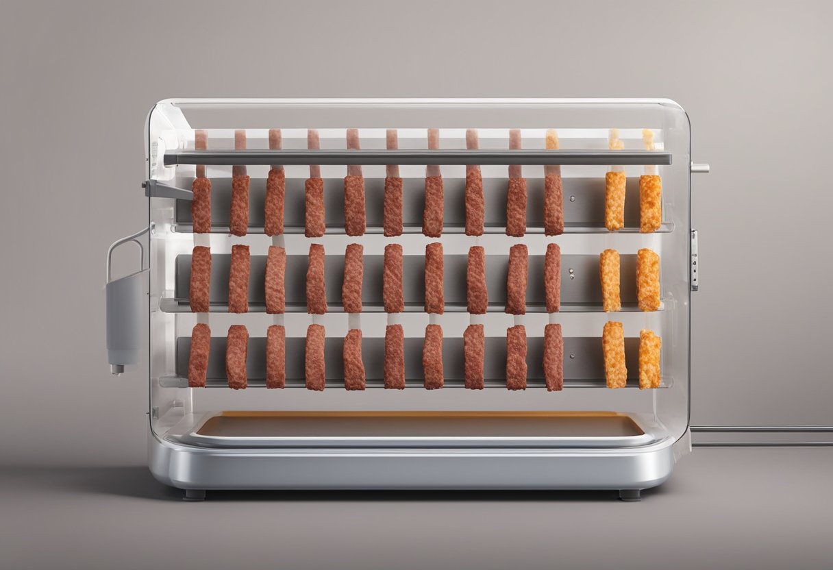 Beef sticks hang in a row inside a dehydrator, heat gently drying the meat. Timer displays remaining time