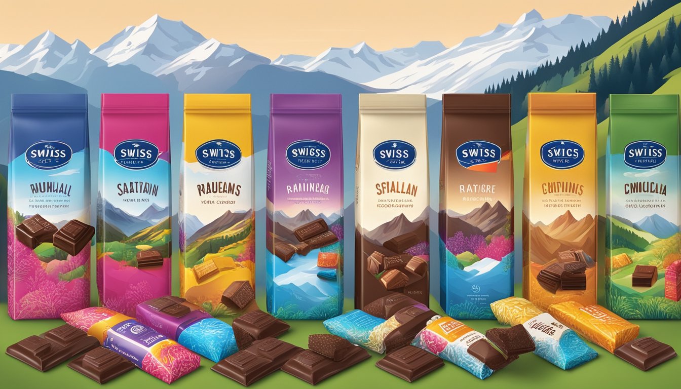 A display of Swiss chocolate brands, arranged in colorful packaging, with iconic mountain scenery in the background