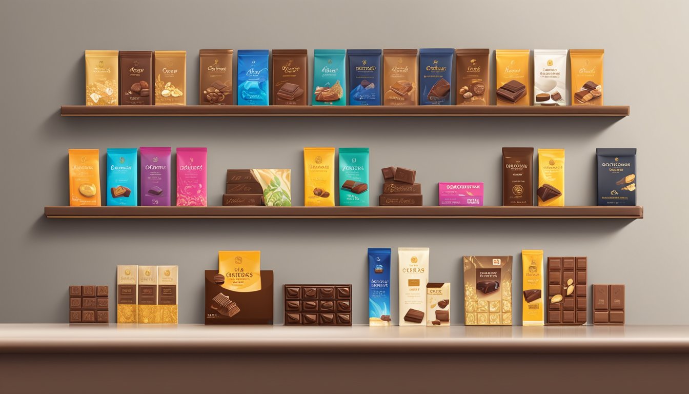 A display of top Swiss chocolate brands arranged on a sleek, modern shelf with elegant packaging and decadent chocolate bars