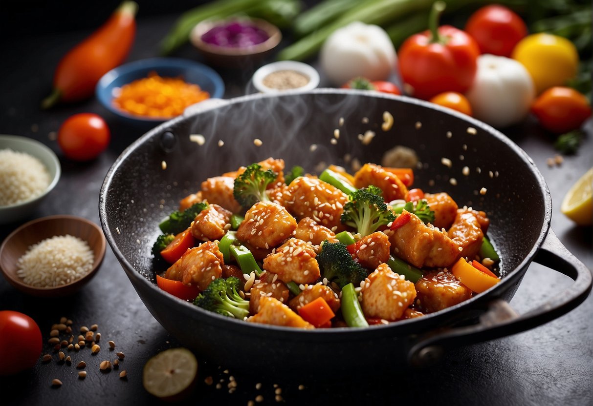 Sesame chicken sizzling in a wok, surrounded by colorful vegetables and aromatic spices