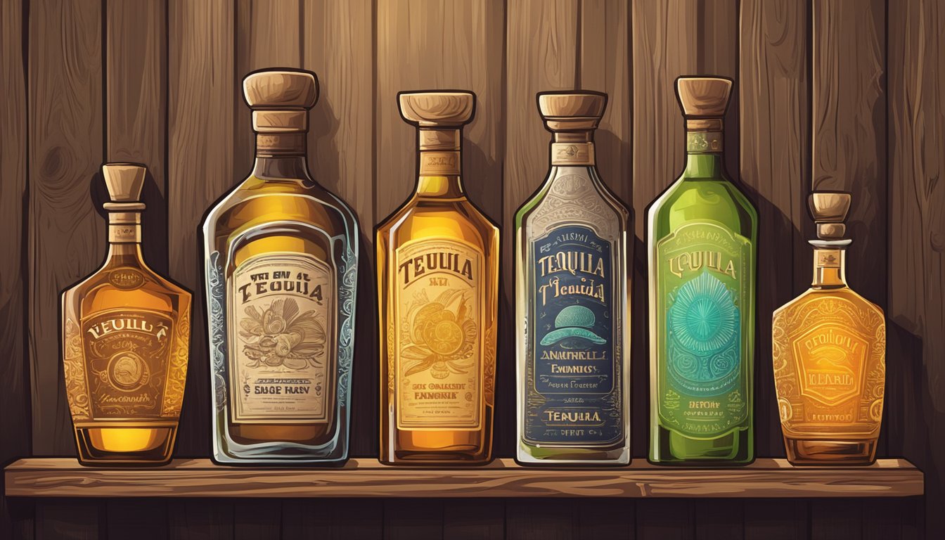 Various tequila bottles displayed on a rustic wooden shelf, with colorful labels and unique designs. A warm, inviting atmosphere with soft lighting
