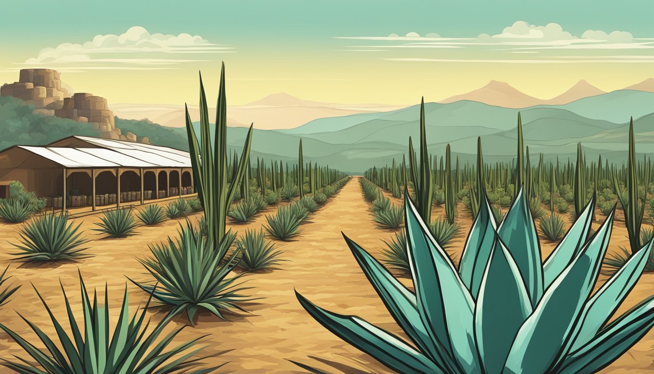 An agave field under the bright Mexican sun, with a traditional distillery in the background and a line of tequila bottles on display