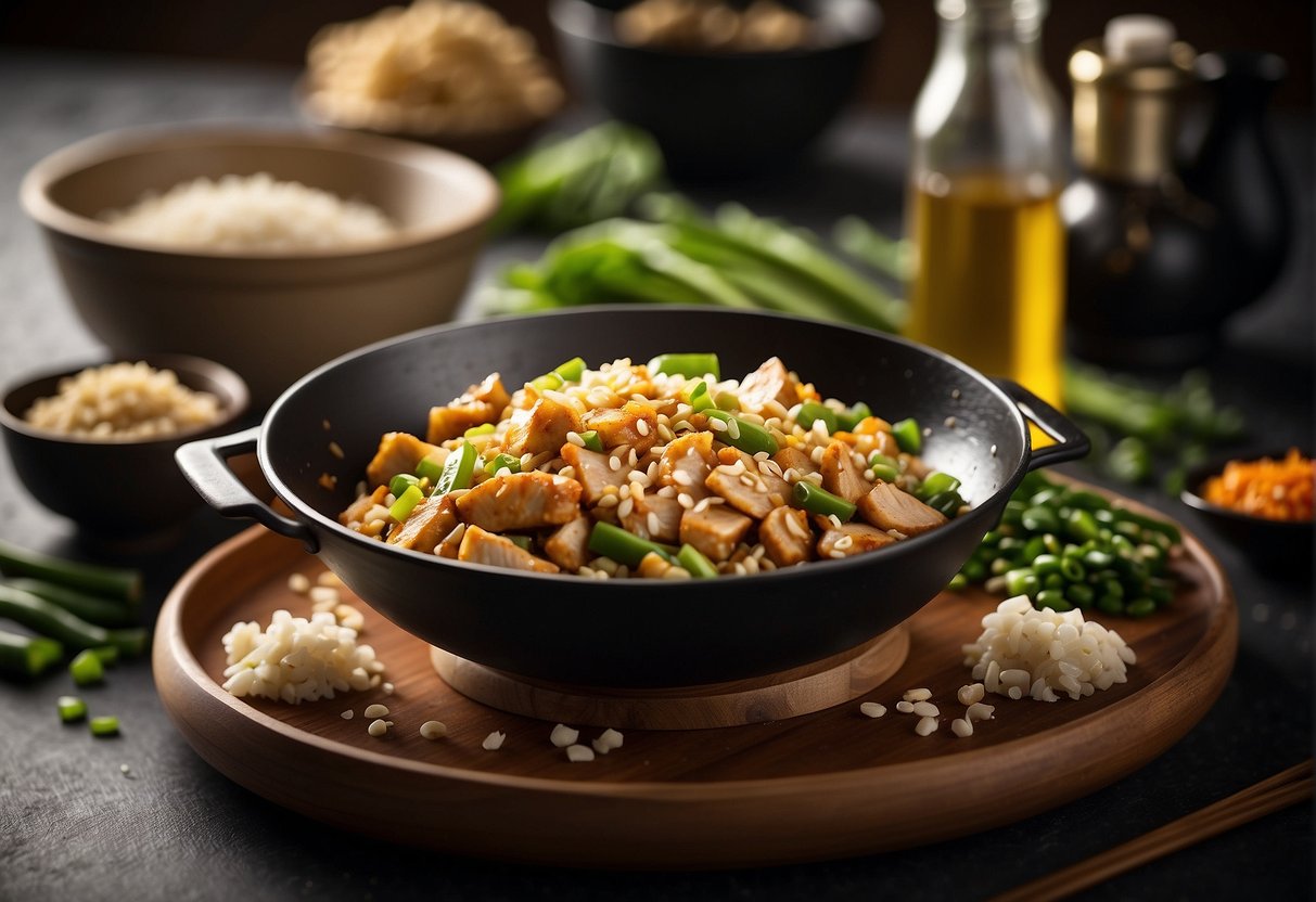A wok sizzles with diced chicken, sesame oil, soy sauce, and ginger. Bowls of chopped scallions, garlic, and sesame seeds sit nearby