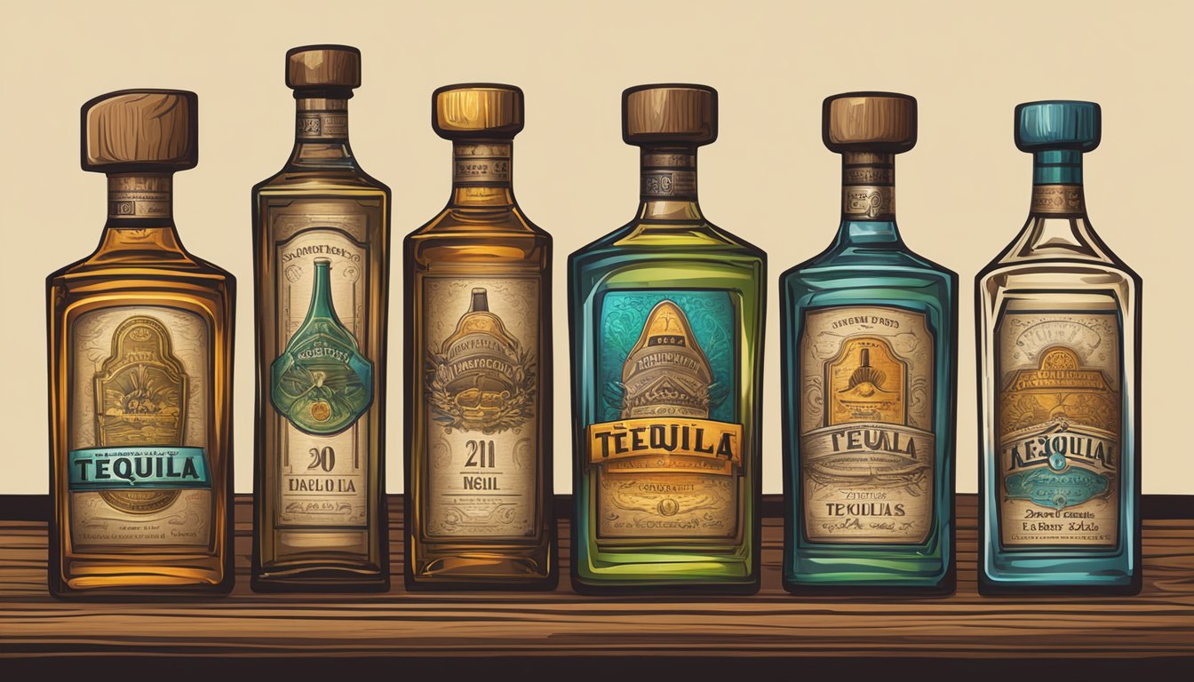 A variety of tequila bottles lined up on a rustic wooden bar, each with distinct labels and colors