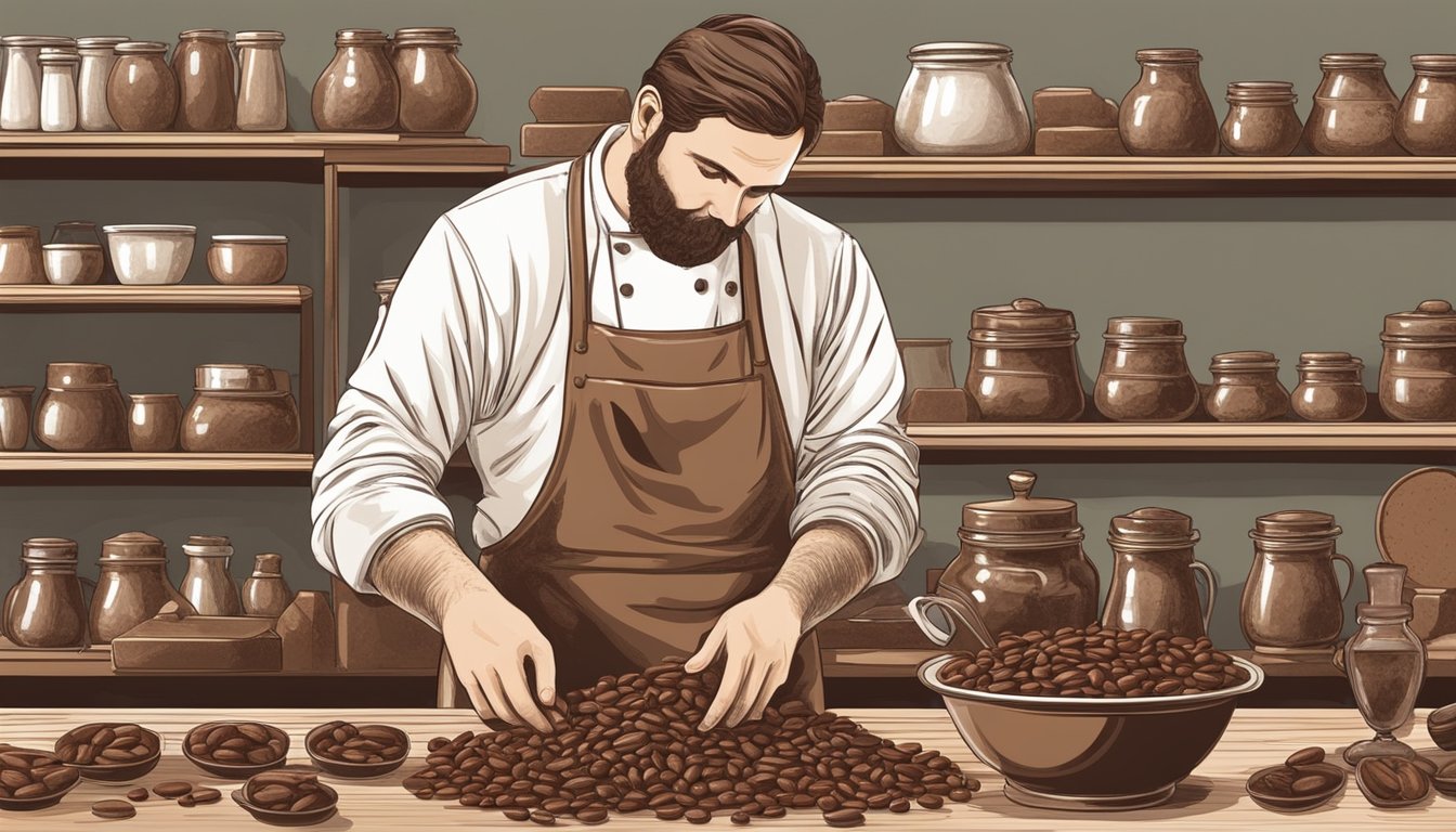 A Swiss chocolatier meticulously pours melted chocolate into molds, surrounded by shelves of cocoa beans and vintage equipment