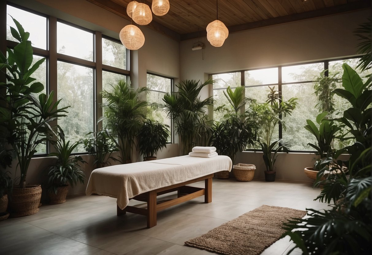 A serene spa room with soft lighting and a comfortable waxing station, surrounded by green plants and calming decor