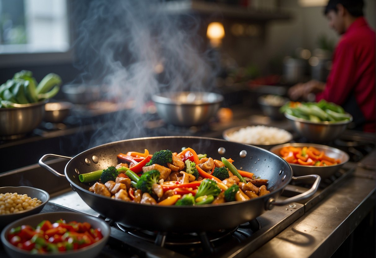 A wok sizzles over a hot flame, filled with vibrant vegetables and marinated chicken. A bottle of sesame oil stands ready on the counter, alongside a bowl of fragrant spices and sauces