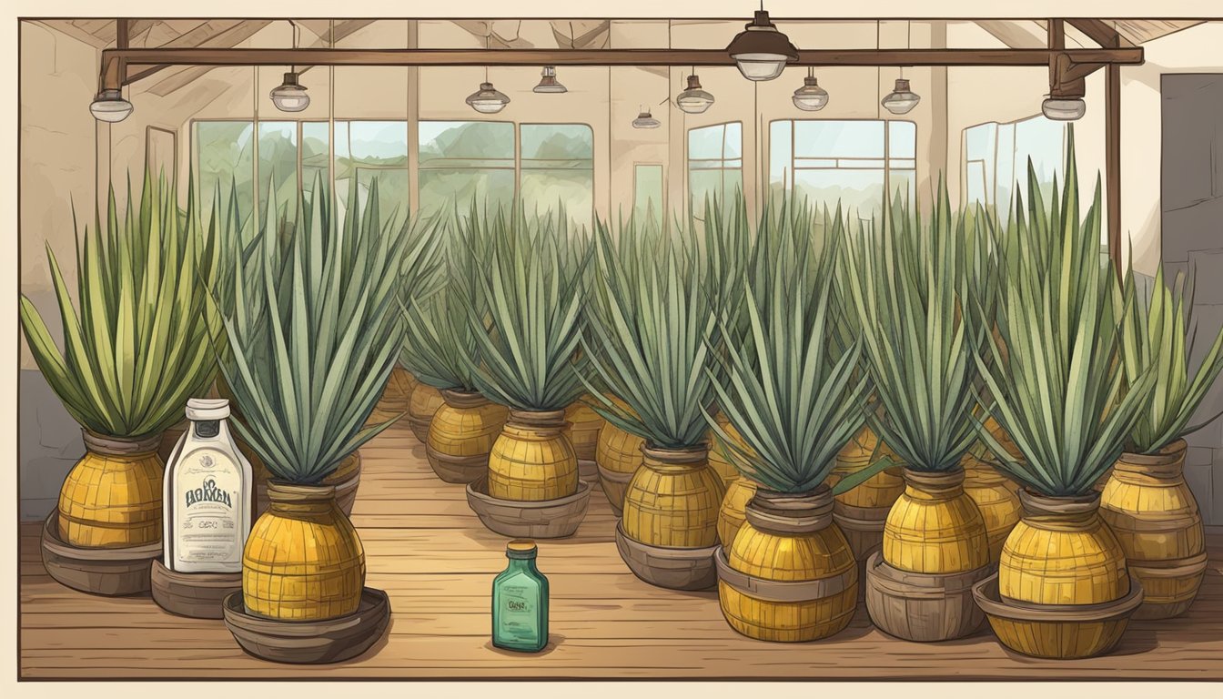 Agave plants harvested, cooked, and crushed. Juice extracted and fermented. Distillation process used to produce tequila. Bottles labeled with brand names
