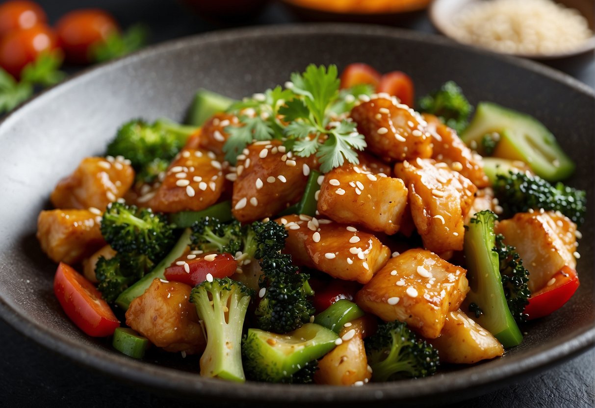 Sesame chicken stir-fry: A wok sizzles with chicken, veggies, and sesame seeds in savory sauce