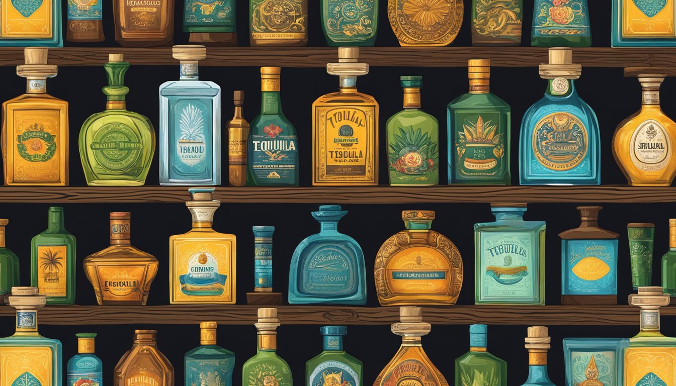 Various tequila bottles from iconic brands are displayed on a rustic wooden shelf, each with unique labels and distinct shapes. The vibrant colors and intricate designs make for an eye-catching scene