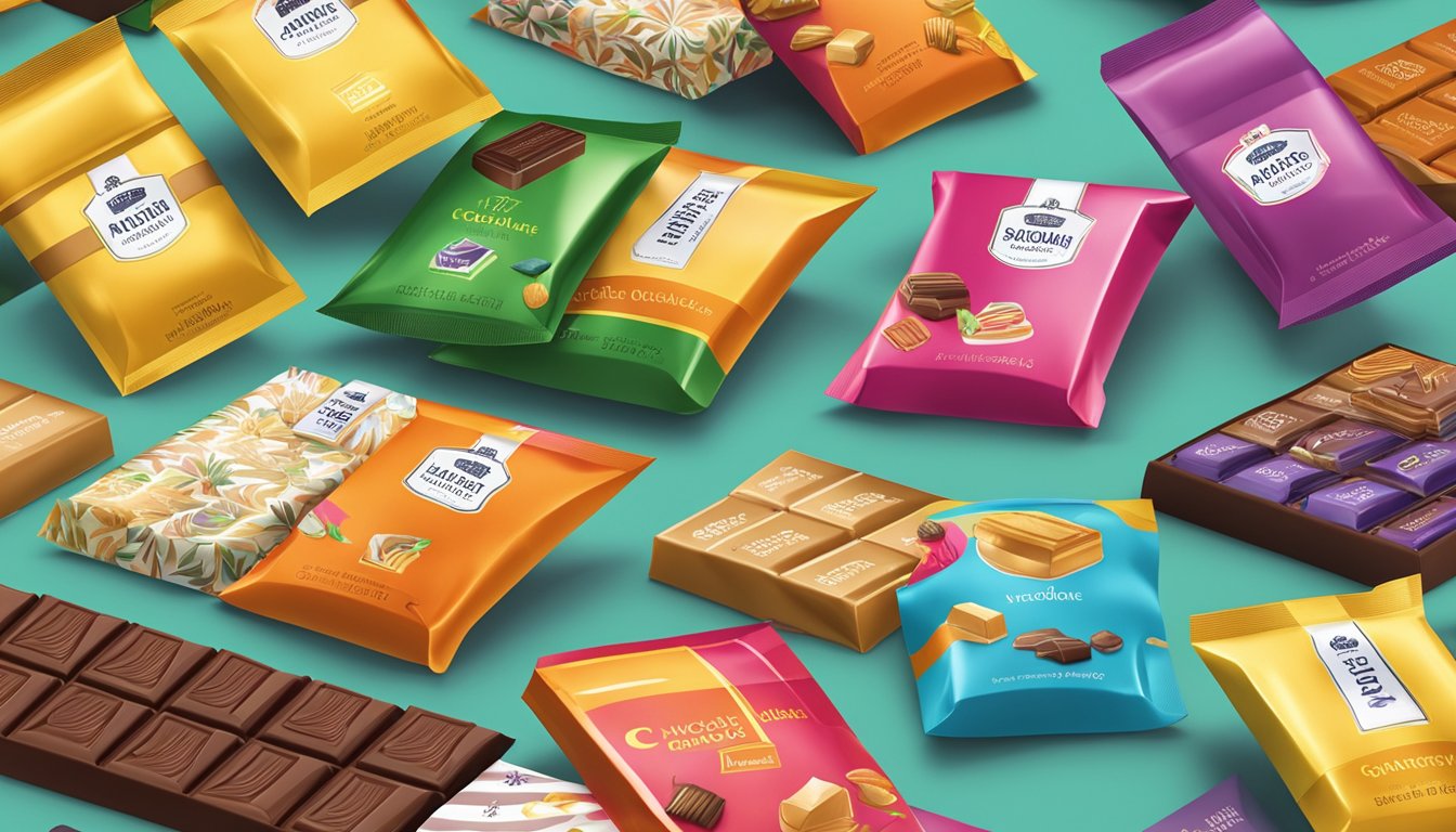 A table displays a variety of Swiss chocolate brands in colorful packaging