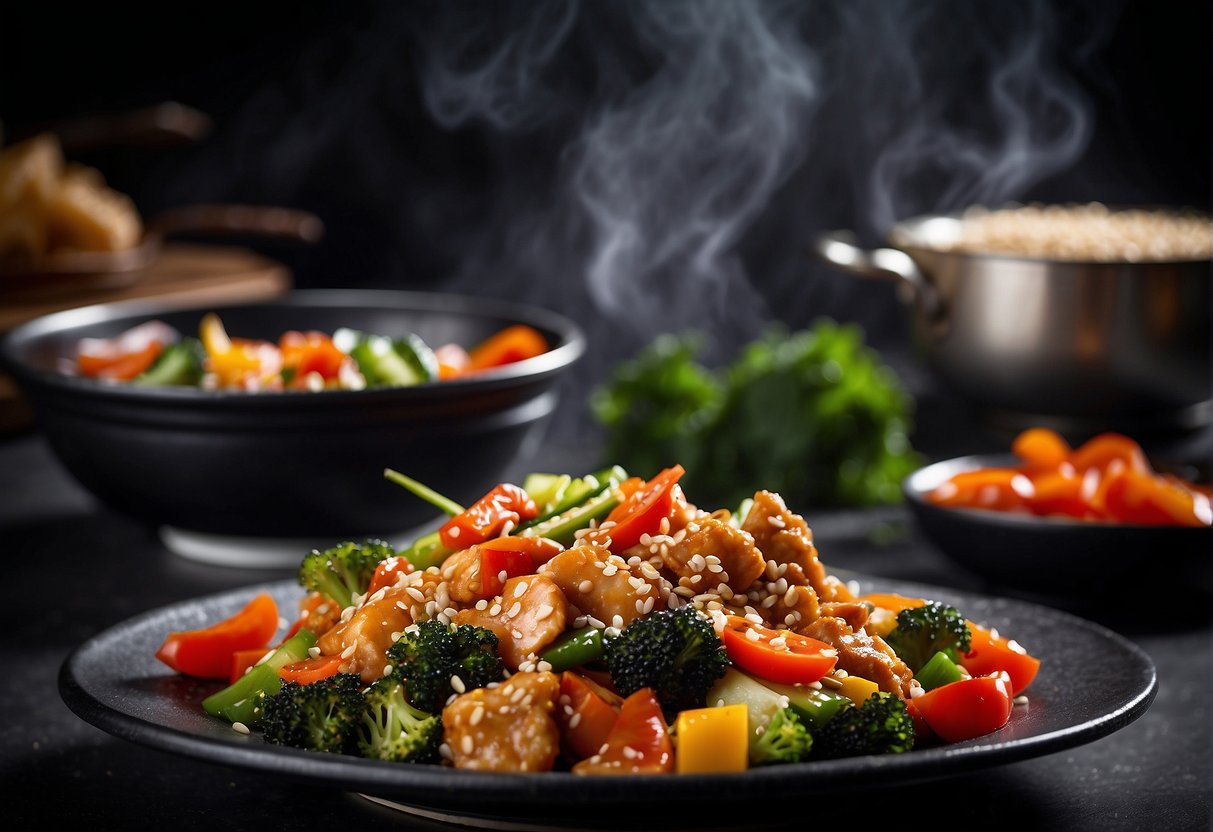 A sizzling wok with Chinese sesame chicken, surrounded by colorful stir-fried vegetables and topped with sesame seeds