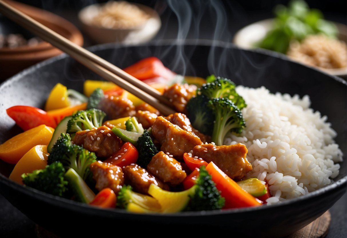 A sizzling wok filled with Chinese sesame chicken stir fry, surrounded by colorful vegetables and a steaming bowl of rice